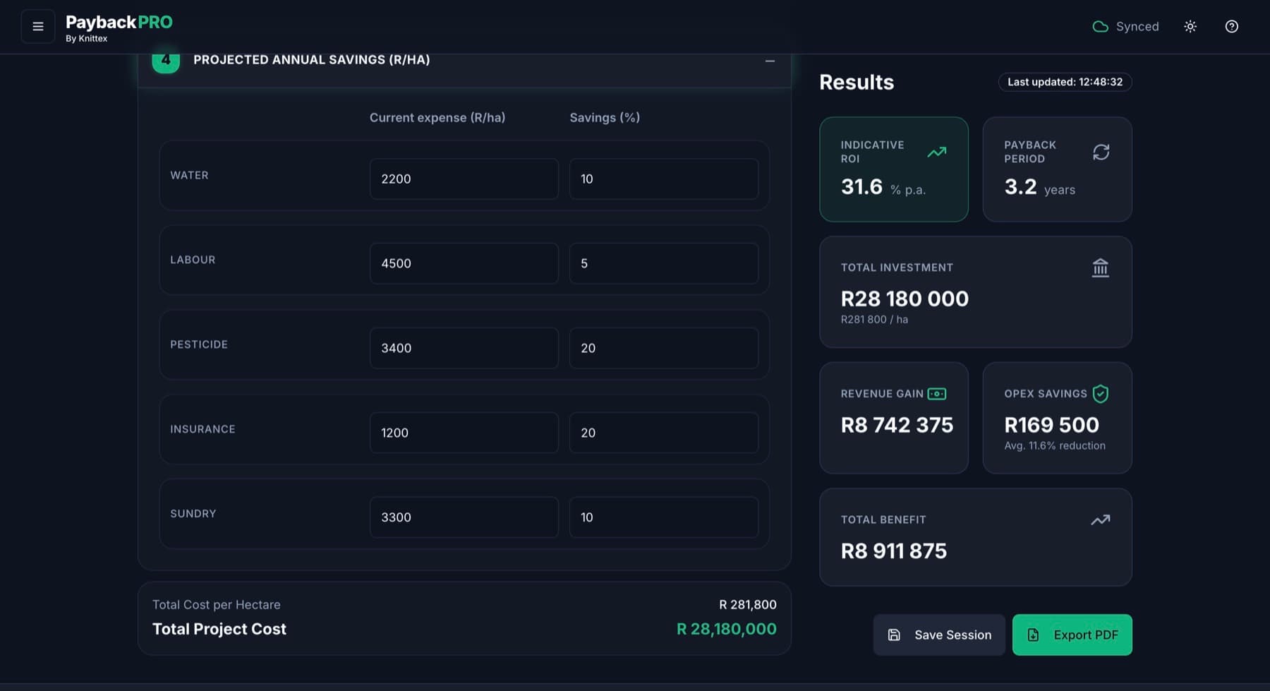 PaybackPRO operating assumptions and live projection results