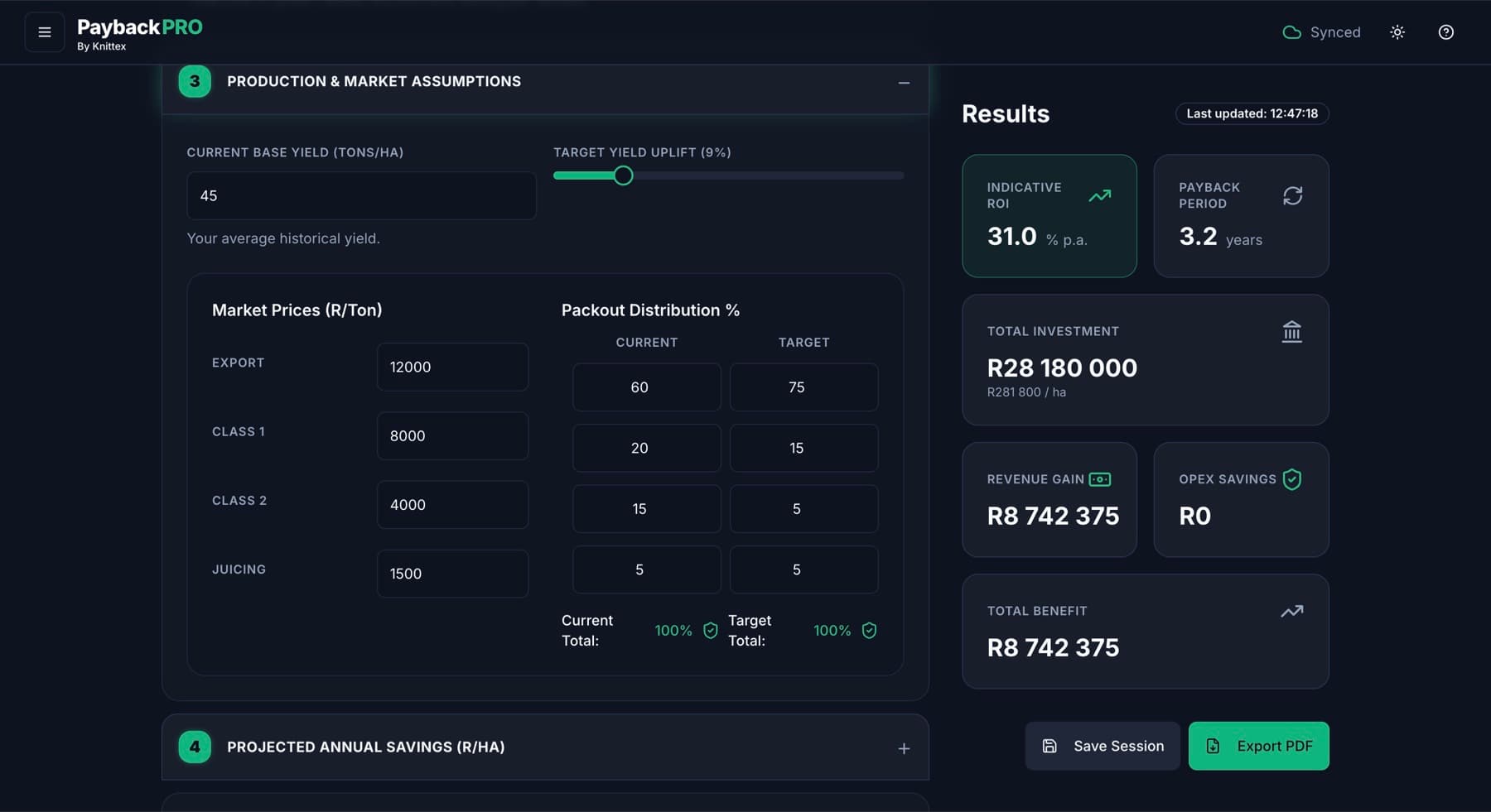 PaybackPRO production, market price, and packout assumptions