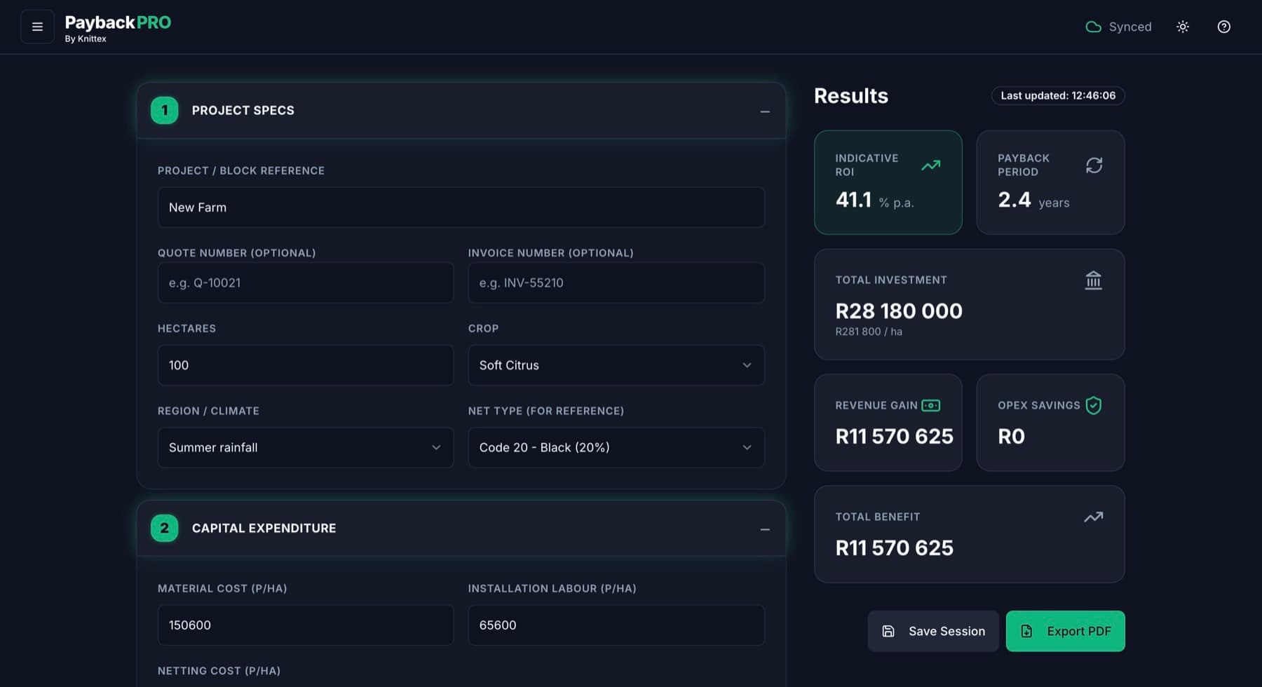 PaybackPRO project inputs and indicative results