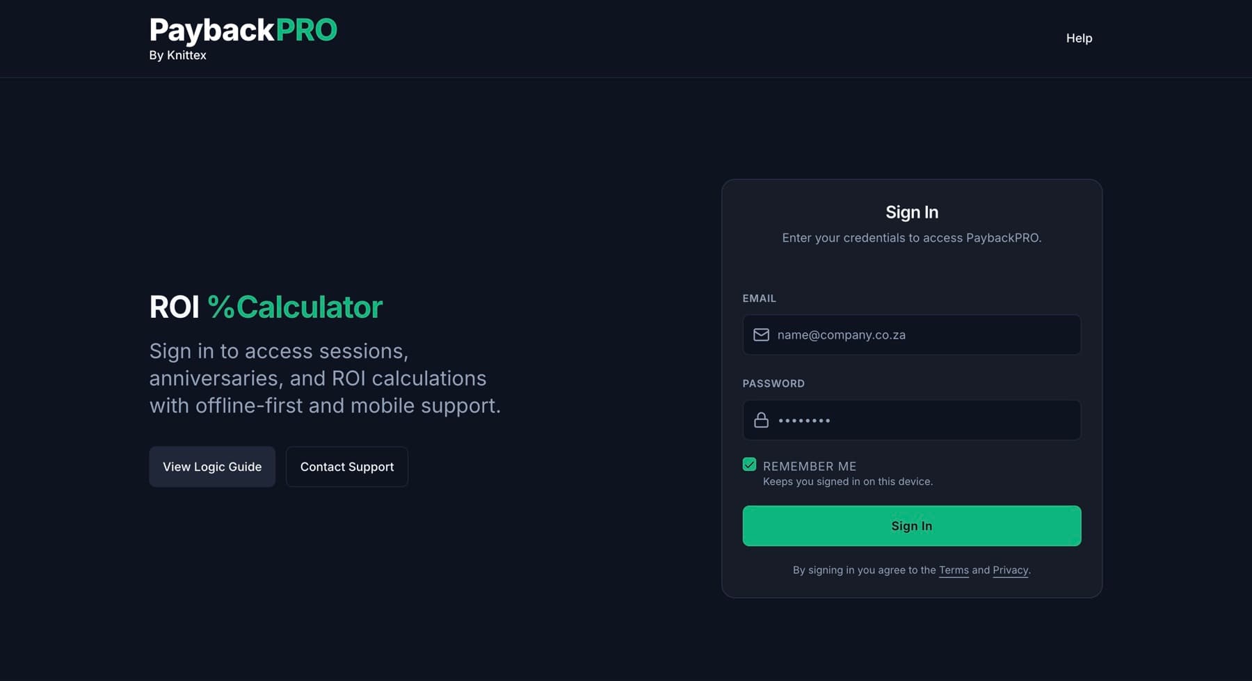 Secure PaybackPRO sign-in for saved sessions and anniversary reviews